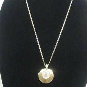 Ladylike 2-Sided Crest Pendant Watch Gold Sunburst Swiss Made on 26" chain